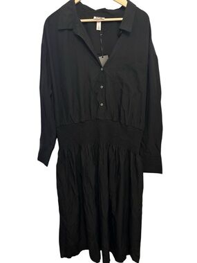 Women's Black Midi Shirt Dress with Smocked Waist